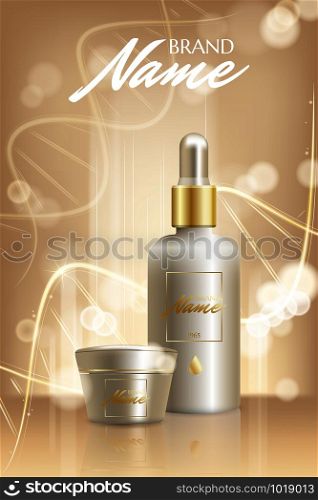 Advertising poster for cosmetic product for catalog, magazine. Vector design of cosmetic package. Natural oil with vitamins or hyaluronic acid. Vector illustration with isolated objects