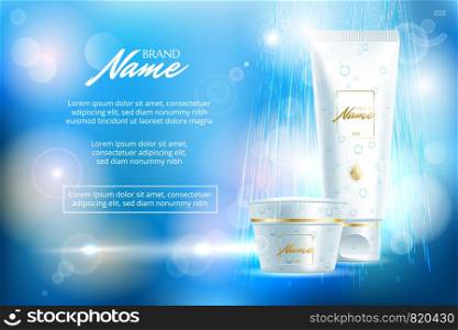 Advertising poster for cosmetic product for catalog, magazine. Vector design of cosmetic package. Moisturizing cream, gel, body lotion with vitamins. Vector illustration with isolated objects