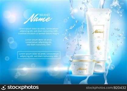 Advertising poster for cosmetic product for catalog, magazine. Vector design of cosmetic package. Moisturizing cream, gel, body lotion with vitamins. Vector illustration with isolated objects