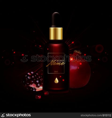 Advertising poster for cosmetic product for catalog, magazine. Vector design of cosmetic package. Moisturizing cream, gel, body lotion with vitamins. Vector illustration with isolated objects. Advertising poster for cosmetic product for catalog, magazine. Vector design of cosmetic package. Anti-age serum, cream with pomegranate extract. Vector illustration with isolated objects