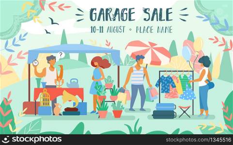 Advertising Poster Inscription Garage Sale Flat. Man Put on Market Unnecessary Things in his Yard. Banner People Choose to Shop in Afternoon Near House Cartoon. Vector Illustration.