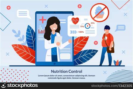 Advertising Poster Inscription Nutrition Control. Medical Procedures to Promote Health. On Smartphone Screen, Nutritionist Gives an Online Consultation on Proper Nutrition. Vector Illustration.. Advertising Poster Inscription Nutrition Control.