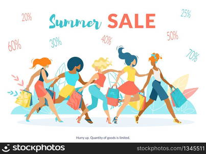 Advertising Poster Inscription Summer Sale Flat. Banner Young Women Rush to Sale. Flyer Girls Fashionable Clothes Carry Shopping Bags. Hurry Up. Quanity Goods is Limited. Vector Illustration.