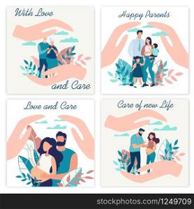Advertising Poster Inscription with Love and Care. Set Banner is Written Happy Parents, with Love, Love and Care. Insurance Services for Large Families. Protection and Strong Family Relationships.