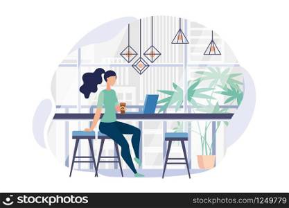 Advertising Poster Panoramic Window in Office. Banner Distraction and Relaxation in Office. Flyer Girl in Casual Clothes Drinks Coffee During Lunch Break Cartoon,. Vector Illustration.