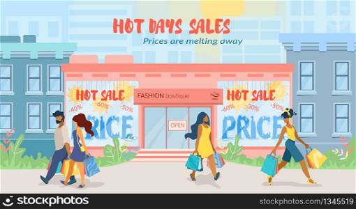 Advertising Poster Prices are Melting Away Flat. Special Flyer Hot Days Sales in Fashion Boutique. Vector Illustration. Men and Women Quietly Leave Store with Super Shopping Bags.