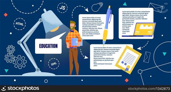 Advertising Poster Programmer Night Education. Guy in Casual Clothes Stands in Light Table Lamp and Smiles. Bearded Man Holds Laptop, Near Large Pen and Diploma. Vector Illustration.