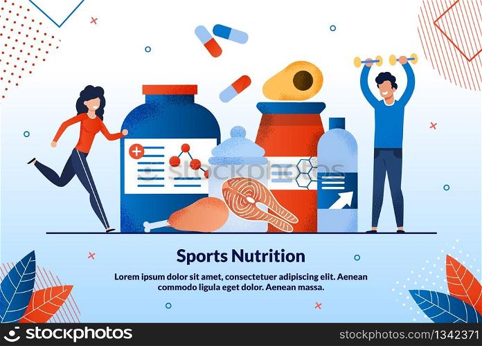 Advertising Poster Sports Nutrition Lettering. Healthy Nutrition for Internal and External Changes in Body. Man and Woman go in for Sports and Eat Right. Balanced Sports Nutrition.