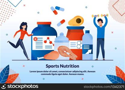 Advertising Poster Sports Nutrition Lettering. Healthy Nutrition for Internal and External Changes in Body. Man and Woman go in for Sports and Eat Right. Balanced Sports Nutrition.