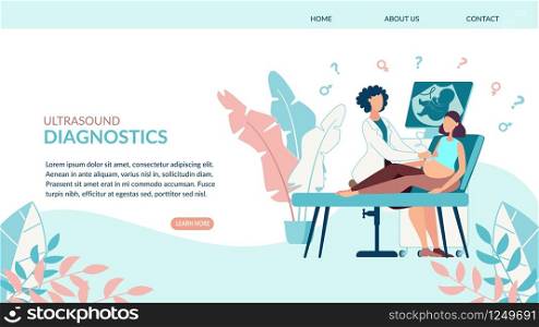 Advertising Poster Ultrasound Diagnostics Flat. Pregnant Woman Lying on Couch in Doctors Office. On Screen Medical Equipment Prenatal Development Child. Vector Illustration Landing Page.
