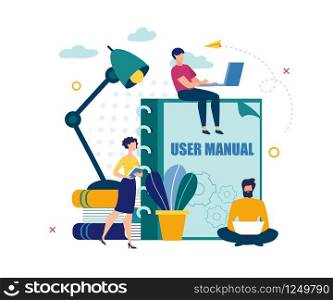Advertising Poster User Manual Lettering Flat. Banner Man Sits on Large Folder with Inscription User Manual. Flyer Organization Joint Work Office Units Cartoon. Vector Illustration.