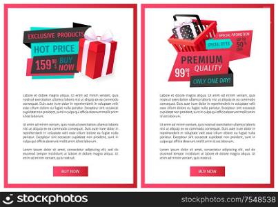 Advertising promo stickers on web pages templates, sale tags with gift boxes. Online vouchers on sale with special presents, shopping cart and emblems vector. Advertising Promo Stickers on Web Pages Templates