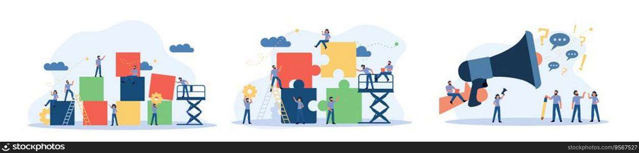 Advertising puzzle from cube block vector flat illustration. Analytics chart business job people teamwork. Community deal banner cooperation jigsaw. Human alliance office group work company team