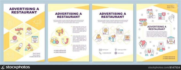Advertising restaurant yellow brochure template. Marketing. Leaflet design with linear icons. Editable 4 vector layouts for presentation, annual reports. Arial-Black, Myriad Pro-Regular fonts used. Advertising restaurant yellow brochure template