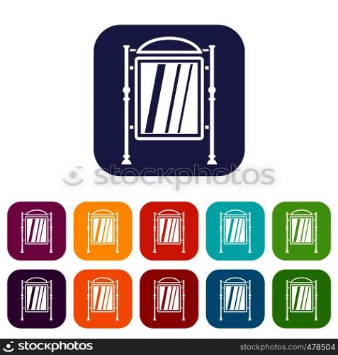 Advertising sign icons set vector illustration in flat style in colors red, blue, green, and other. Advertising sign icons set