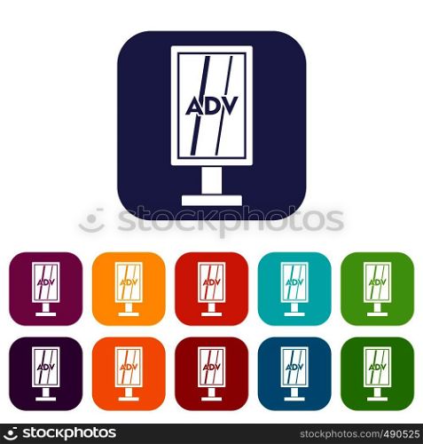 Advertising stand icons set vector illustration in flat style in colors red, blue, green, and other. Advertising stand icons set