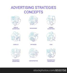 Advertising strategies blue gradient concept icons set. Marketing c&aign idea thin line color illustrations. Mobile and display ads. Isolated symbols. Roboto-Medium, Myriad Pro-Bold fonts used. Advertising strategies blue gradient concept icons set