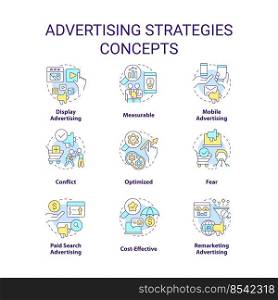 Advertising strategies concept icons set. Marketing c&aign idea thin line color illustrations. Mobile and display ads. Isolated symbols. Editable stroke. Roboto-Medium, Myriad Pro-Bold fonts used. Advertising strategies concept icons set