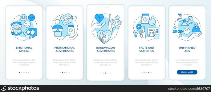 Advertising strategies in marketing blue onboarding mobile app screen. Walkthrough 5 steps editable graphic instructions with linear concepts. UI, UX, GUI template. Myriad Pro-Bold, Regular fonts used. Advertising strategies in marketing blue onboarding mobile app screen