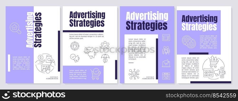 Advertising strategies on social media purple brochure template. Leaflet design with linear icons. Editable 4 vector layouts for presentation, annual reports. Anton, Lato-Regular fonts used. Advertising strategies on social media purple brochure template