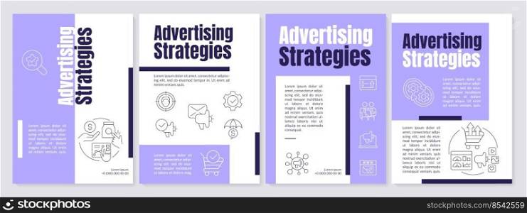 Advertising strategies on social media purple brochure template. Leaflet design with linear icons. Editable 4 vector layouts for presentation, annual reports. Anton, Lato-Regular fonts used. Advertising strategies on social media purple brochure template