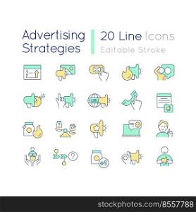 Advertising strategies RGB color icons set. Increase brand growth. Product promotion. Isolated vector illustrations. Simple filled line drawings collection. Editable stroke. Quicksand-Light font used. Advertising strategies RGB color icons set