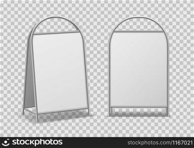 Advertising street stand. Empty announcement sandwich stands from different angles, sidewalk signs, handheld street offering board isolated vector mockup set. Advertising street stand. Empty announcement sandwich stands from different angles, sidewalk signs, handheld street offering board vector set