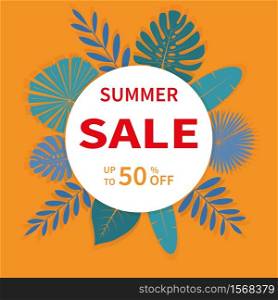 Advertising summer sale. Dynamic business marketing commerce design banner promotion colorful elements poster template with leaves of tropical plants summer background. Vector illustration.. Advertising summer sale dynamic business design banner summer background promotion colorful elements template set vector illustration