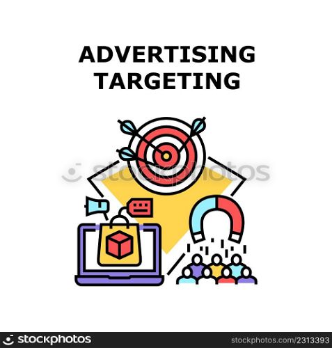 Advertising Targeting Vector Icon Concept. Advertising Targeting In Social Media, Promotion Marketing System For Reaching Audience. Internet Online Advertise For Client And Customer Color Illustration. Advertising Targeting Vector Color Illustration