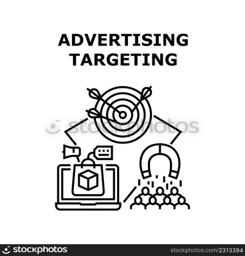 Advertising Targeting Vector Icon Concept. Advertising Targeting In Social Media, Promotion Marketing System For Reaching Audience. Internet Online Advertise For Client And Customer Black Illustration. Advertising Targeting Vector Black Illustration