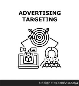 Advertising Targeting Vector Icon Concept. Advertising Targeting In Social Media, Promotion Marketing System For Reaching Audience. Internet Online Advertise For Client And Customer Black Illustration. Advertising Targeting Vector Black Illustration