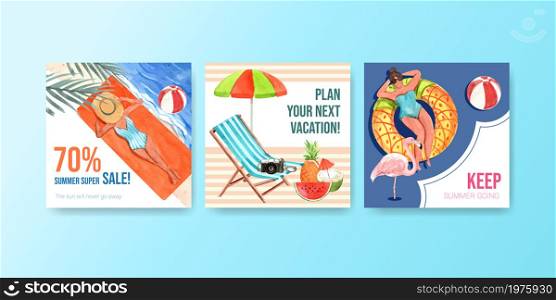 Advertising template design for summer travel with traveller and sea beach watercolor illustration