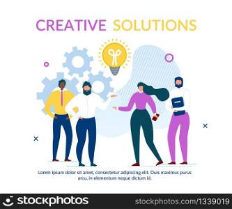 Advertising Text Banner. Cartoon People Characters Team Develop and Find Creative Business Solution. Big Light Bulb as Metaphor Idea. Male Female Workers Research Innovation. Vector Flat Illustration. Business People Team Find Solution Text Banner