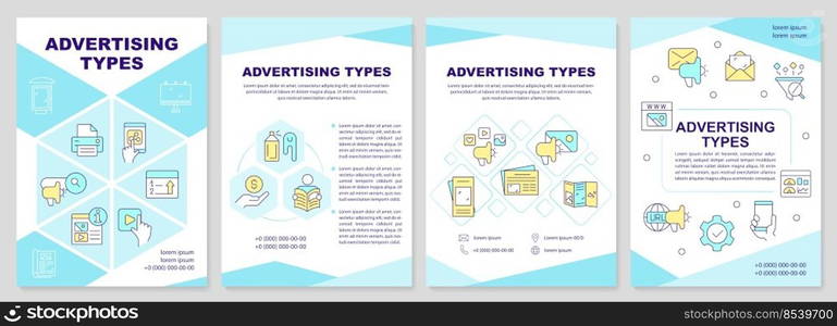 Advertising types cyan brochure template. Ecommerce tactics. Leaflet design with linear icons. Editable 4 vector layouts for presentation, annual reports. Arial-Black, Myriad Pro-Regular fonts used. Advertising types cyan brochure template