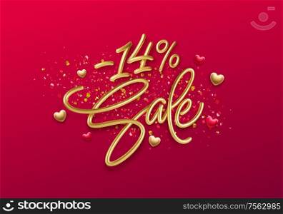 Advertising with sale golden lettering. Valentines day holliday poster. Shopping promotion design. Realistic 3d illustration. Vector illustration EPS10. Advertising with sale golden lettering. Valentines day holliday poster. Shopping promotion design. Realistic 3d illustration. Vector illustration