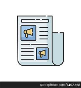 Advertorial RGB color icon. Native advertisement in newspaper. News for engagement. Journalist article to promote brand. Editorial press. Post publication. Isolated vector illustration. Advertorial RGB color icon