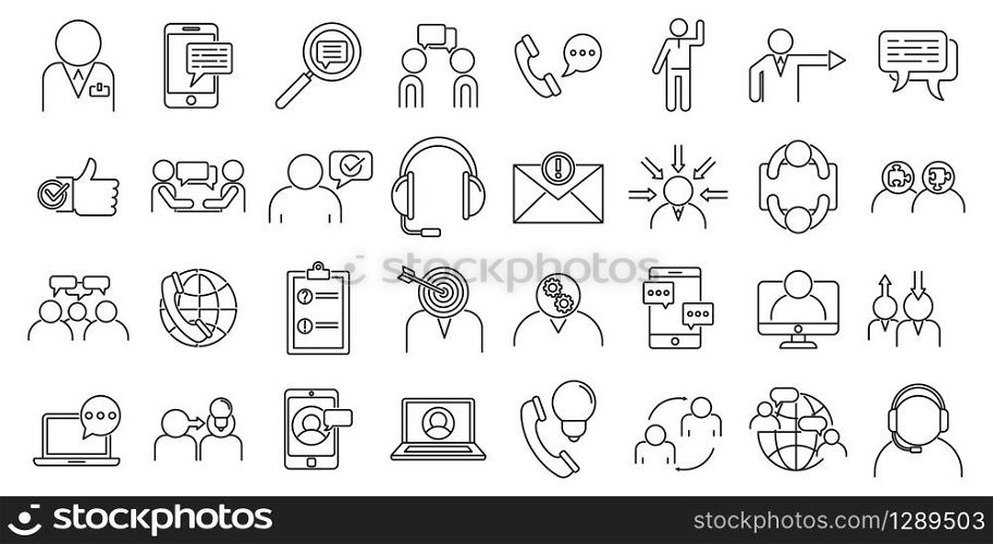 Advice communication icons set. Outline set of advice communication vector icons for web design isolated on white background. Advice communication icons set, outline style