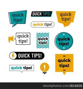 Advice, tip, quick tips, helpful tricks and suggestions vector logos, emblems and banners vector set isolated. Advice and message, badge phrase exclamation illustration. Advice, tip, quick tips, helpful tricks and suggestions vector logos, emblems and banners vector set isolated