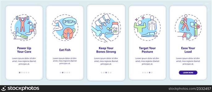 Advices for healthy joints onboarding mobile app screen. Eat fish walkthrough 5 steps graphic instructions pages with linear concepts. UI, UX, GUI template. Myriad Pro-Bold, Regular fonts used. Advices for healthy joints onboarding mobile app screen