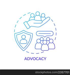 Advocacy blue gradient concept icon. Public communication. Serving public interest. PR code of ethics abstract idea thin line illustration. Isolated outline drawing. Myriad Pro-Bold font used. Advocacy blue gradient concept icon