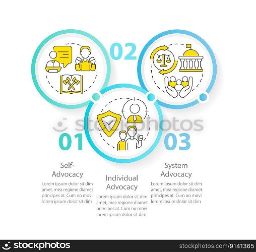 Advocacy law circle infographic template. Legal protection. Data visualization with 3 steps. Editable timeline info chart. Workflow layout with line icons. Myriad Pro-Regular font used. Advocacy law circle infographic template