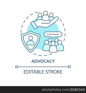 Advocacy turquoise concept icon. Serving public interest. PR code of ethics abstract idea thin line illustration. Isolated outline drawing. Editable stroke. Arial, Myriad Pro-Bold fonts used. Advocacy turquoise concept icon