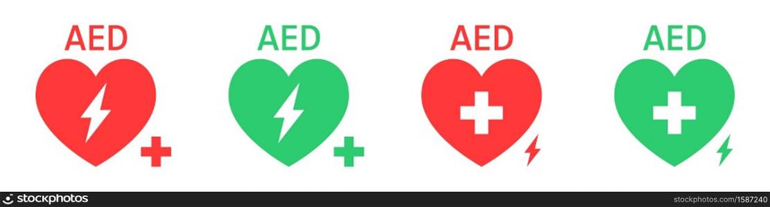 AED vector icon set. Hearts electricity. Signs automated external defibrillator. Vector illustration, eps10.. AED vector icon set. Hearts electricity. Signs automated external defibrillator.