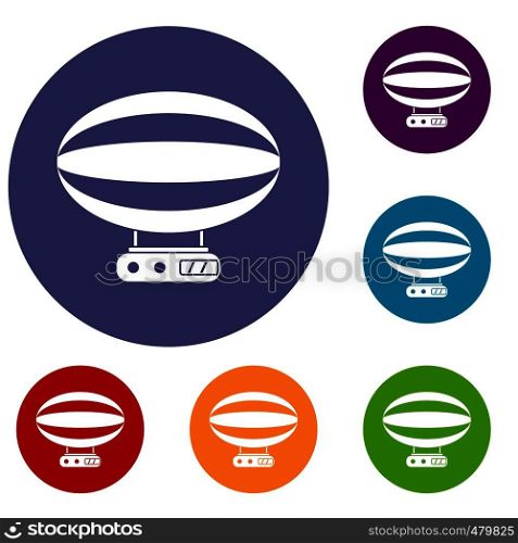 Aerial transportation icons set in flat circle red, blue and green color for web. Aerial transportation icons set