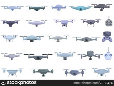 Aerial videography icons set cartoon vector. Drone camera. Aero filming. Aerial videography icons set cartoon vector. Drone camera