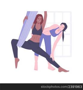 Aerial yoga isolated cartoon vector illustrations. Young girl doing pilates with instructor in the gym, stretching exercises, aerial yoga training, antigravity fitness vector cartoon.. Aerial yoga isolated cartoon vector illustrations.