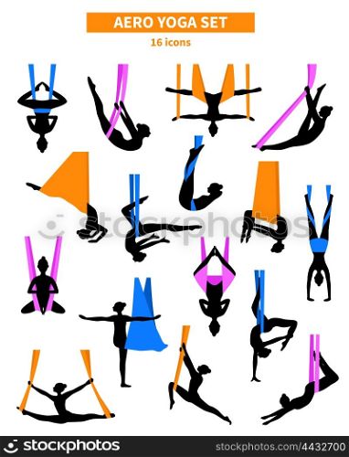 Aero Yoga Black White Icon Set. Aero yoga black white isolated icon set with silhouettes of women training in colored fabrics vector illustration