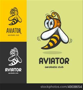Aerobatic club logo, emblem. Vector illustration. Bee in the aviation helmet and goggles Aviator.