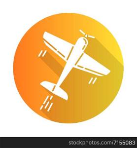 Aerobatics orange flat design long shadow glyph icon. Aerobatic maneuvers and stunt flying. Aviation, aircraft performance. Extreme airshow. Airplanes tricks. Vector silhouette illustration