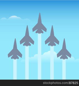 Aerobatics planes in the sky. Aerobatics. Group of fighter planes in the sky. Vector illustration
